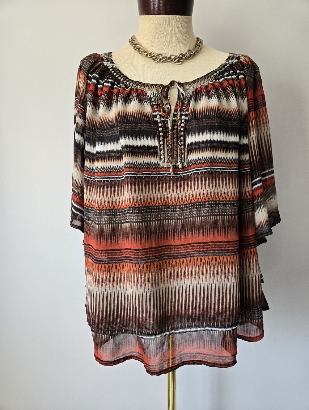 Ariat Balloon Sleeve Orange, Black & Cream Printed Peasant Top. Size L